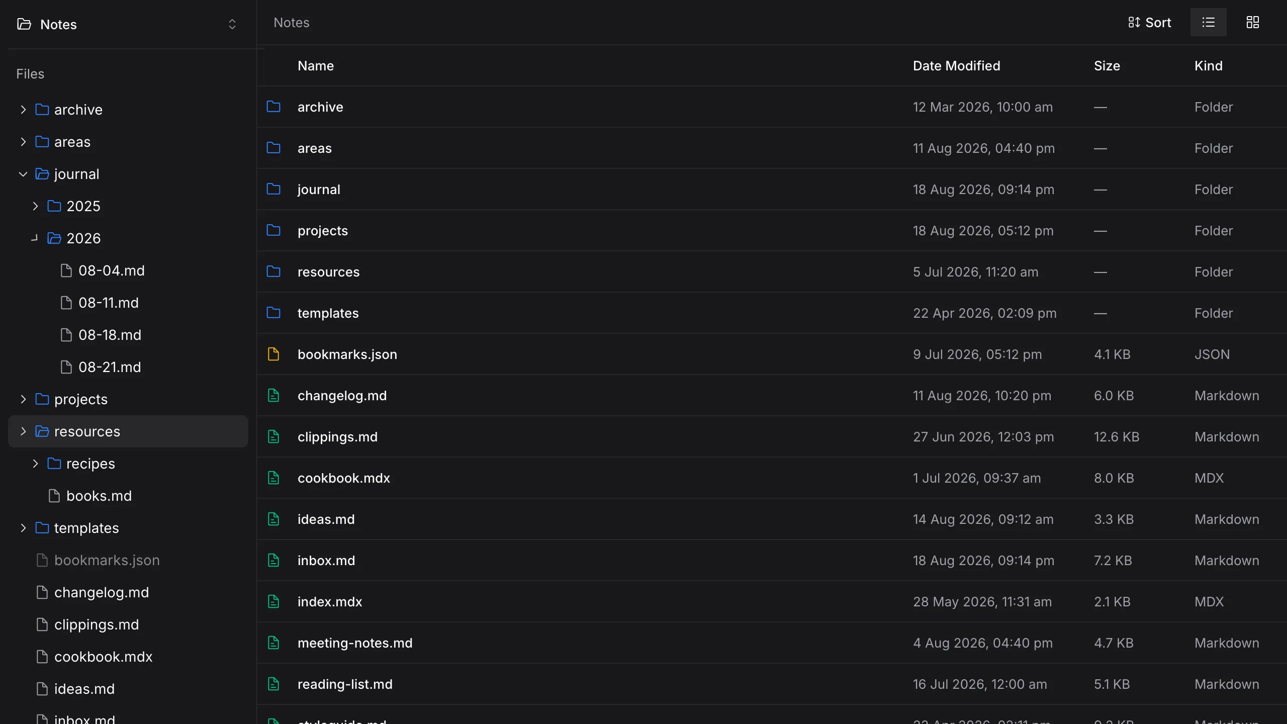 The Folio sidebar file tree expanded into journal/2026 and resources/recipes
